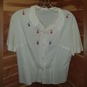 40s Vintage White Embroidered Button-Up Blouse